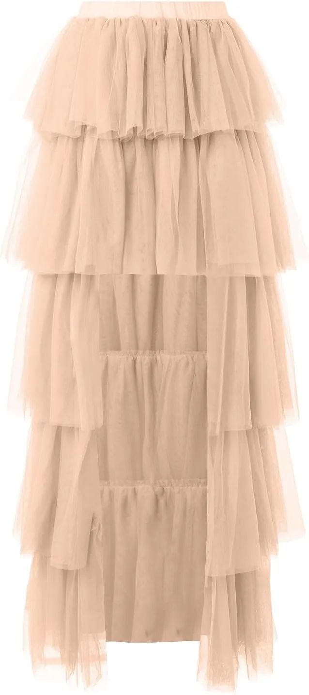 Women's High Low Tulle Skirts Elastic Waist Layered Ruffles Mesh Long Tutu Tiered Skirt Festival Performance Costumes