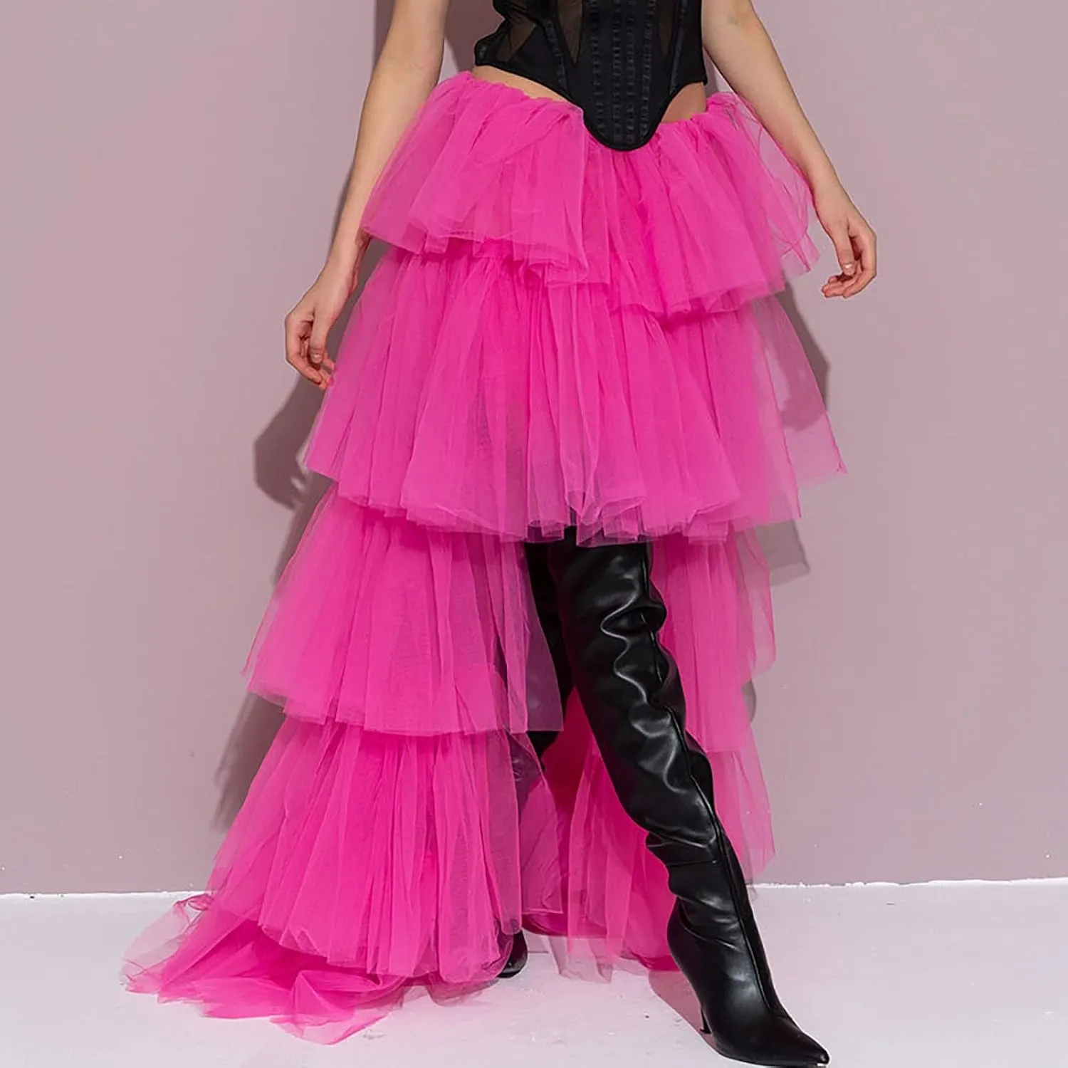 Women's High Low Tulle Skirts Elastic Waist Layered Ruffles Mesh Long Tutu Tiered Skirt Festival Performance Costumes
