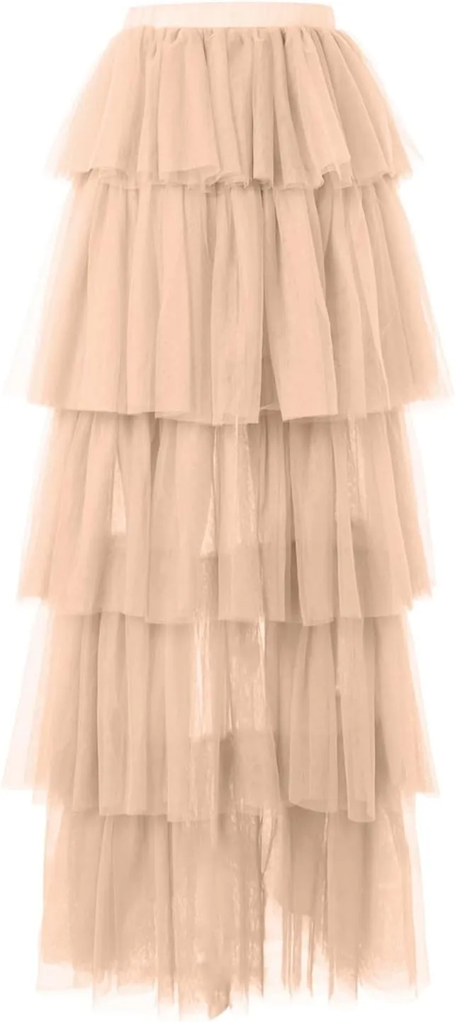 Women's High Low Tulle Skirts Elastic Waist Layered Ruffles Mesh Long Tutu Tiered Skirt Festival Performance Costumes