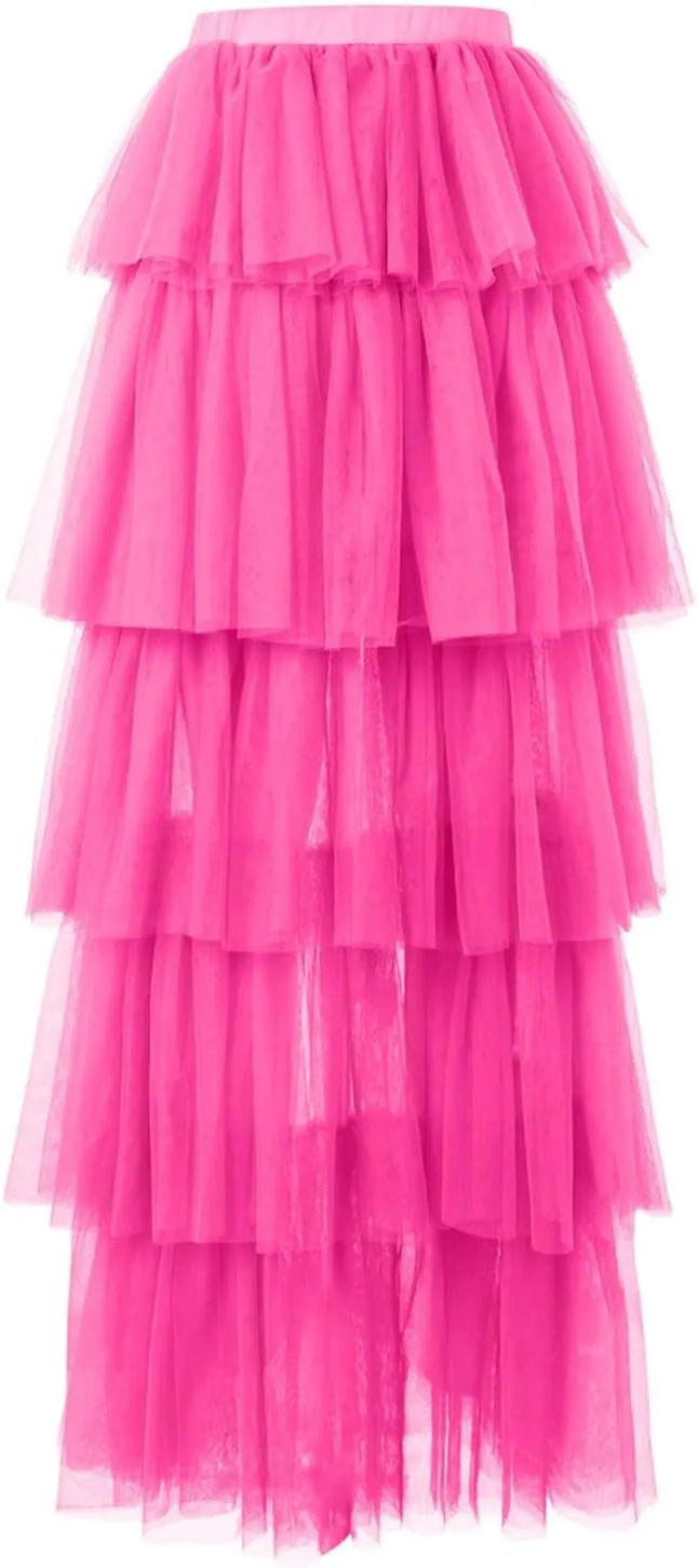 Women's High Low Tulle Skirts Elastic Waist Layered Ruffles Mesh Long Tutu Tiered Skirt Festival Performance Costumes