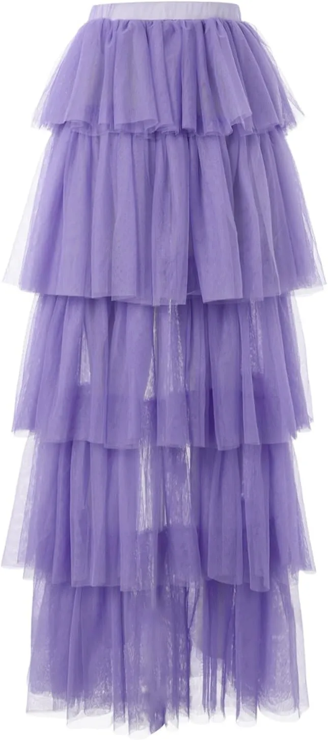 Women's High Low Tulle Skirts Elastic Waist Layered Ruffles Mesh Long Tutu Tiered Skirt Festival Performance Costumes