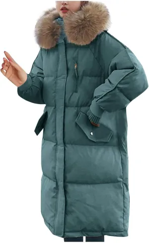 Women's Hooded Warm Winter Down Coat Oversized Pockets Quilted Thicken Puffer Jacket Outerwear with Faux Fur Hood