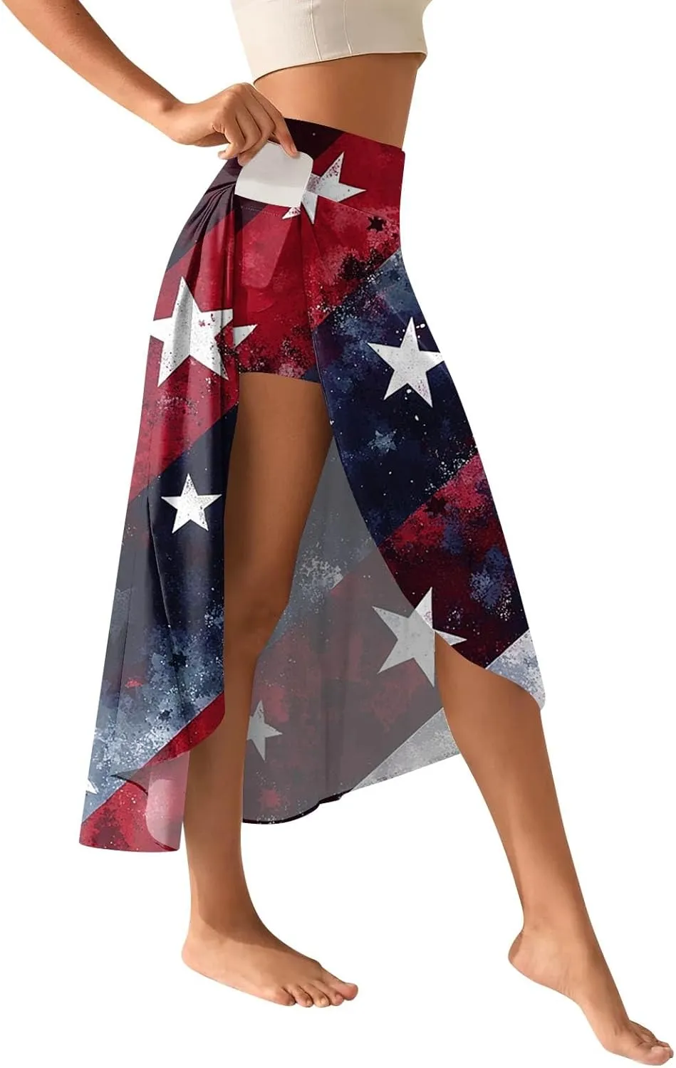 Womens July 4th Clothing Stars Striped Elastic Waist USA Flag Business Solid Long Flowy Skirts with Shorts