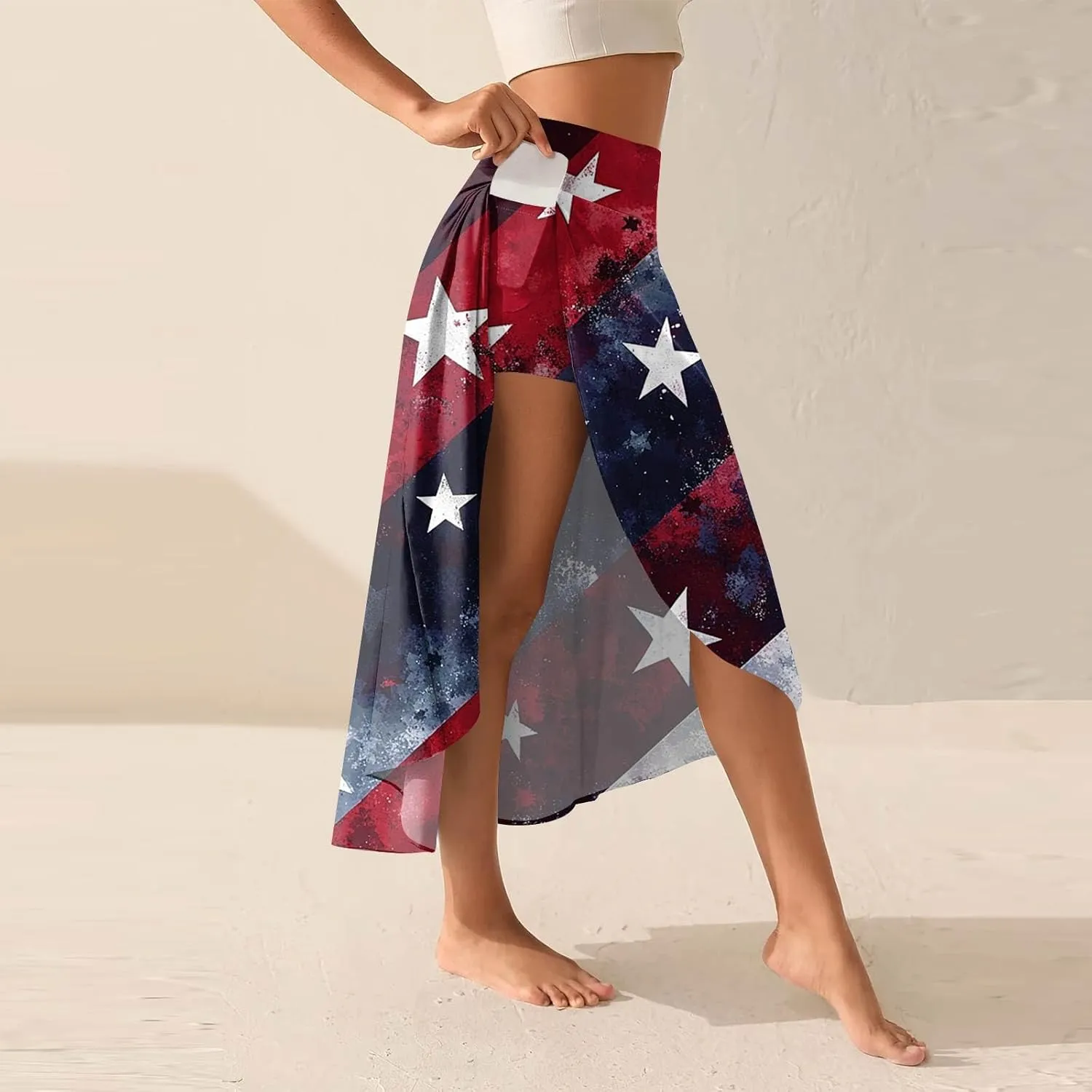 Womens July 4th Clothing Stars Striped Elastic Waist USA Flag Business Solid Long Flowy Skirts with Shorts
