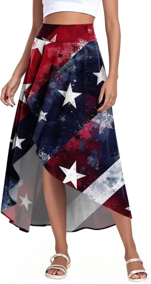 Womens July 4th Clothing Stars Striped Elastic Waist USA Flag Business Solid Long Flowy Skirts with Shorts