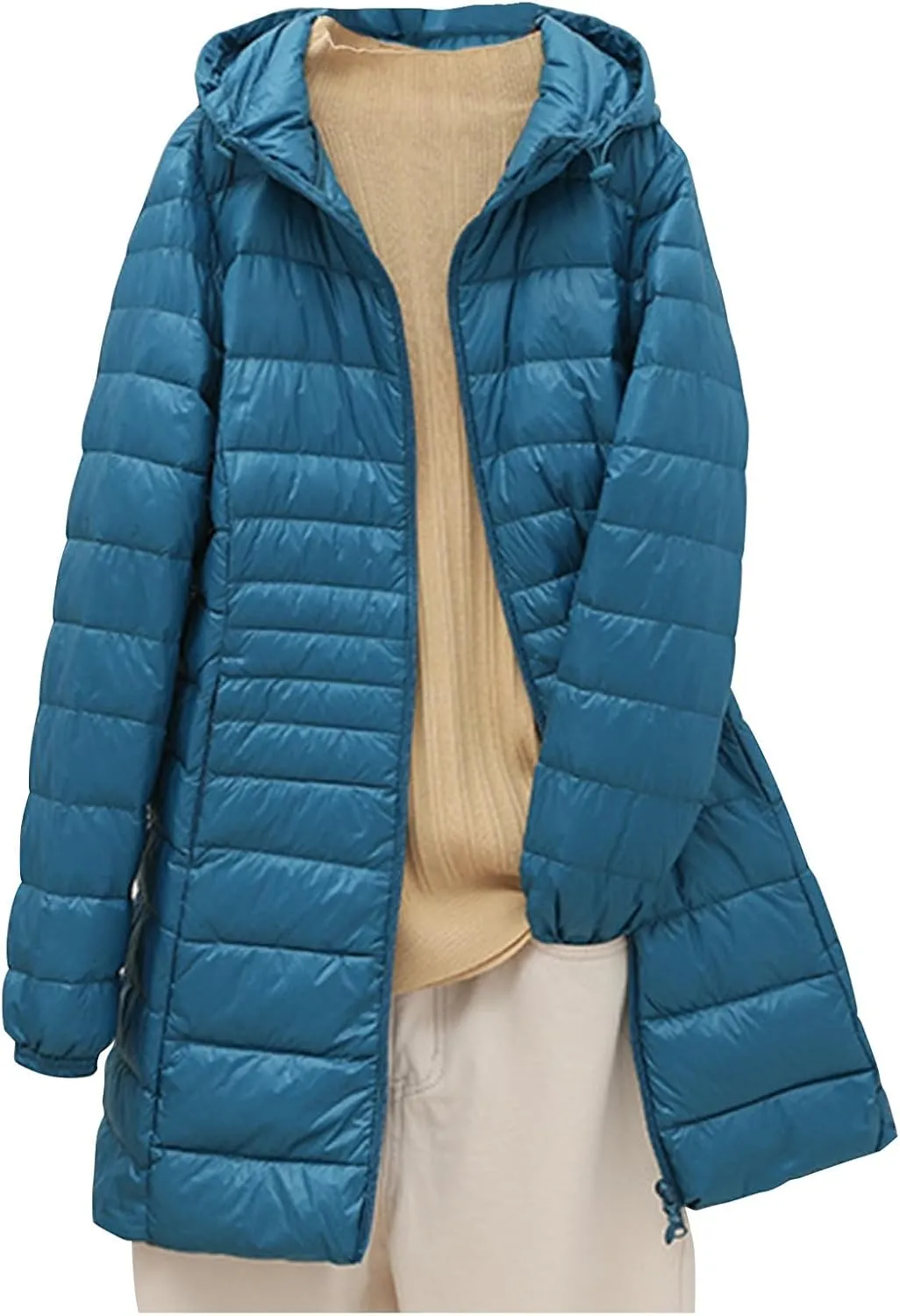 Womens Lightweight Long Puffer Jacket Winter Warm Packable Down Coat Oversized Zip Up Long Sleeve Outerwear With Hood