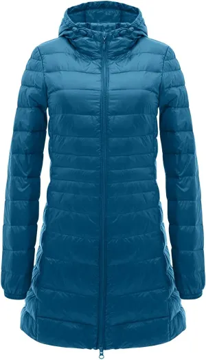 Womens Lightweight Long Puffer Jacket Winter Warm Packable Down Coat Oversized Zip Up Long Sleeve Outerwear With Hood