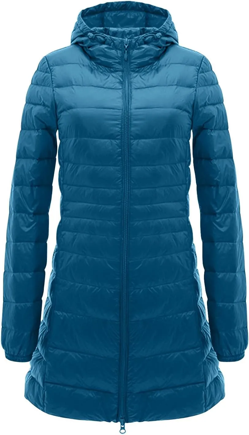 Womens Lightweight Long Puffer Jacket Winter Warm Packable Down Coat Oversized Zip Up Long Sleeve Outerwear With Hood