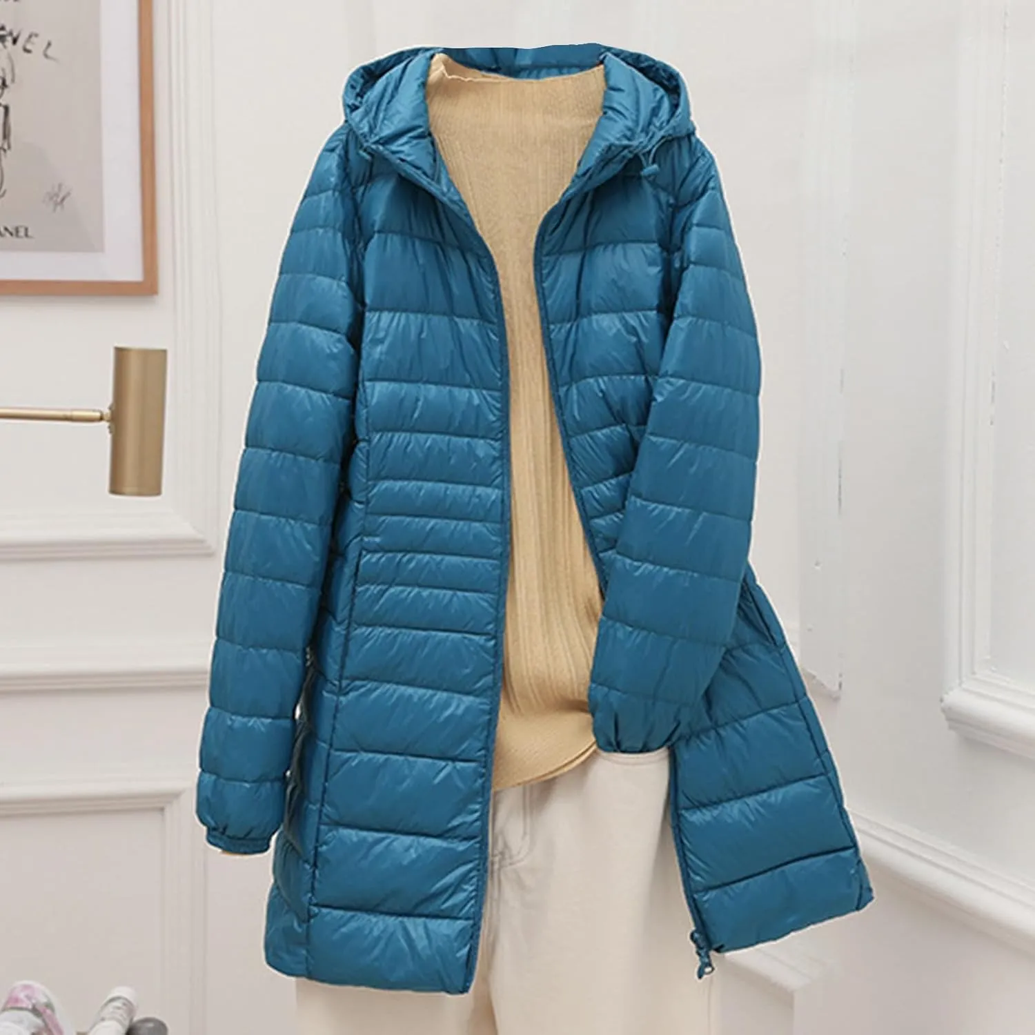 Womens Lightweight Long Puffer Jacket Winter Warm Packable Down Coat Oversized Zip Up Long Sleeve Outerwear With Hood
