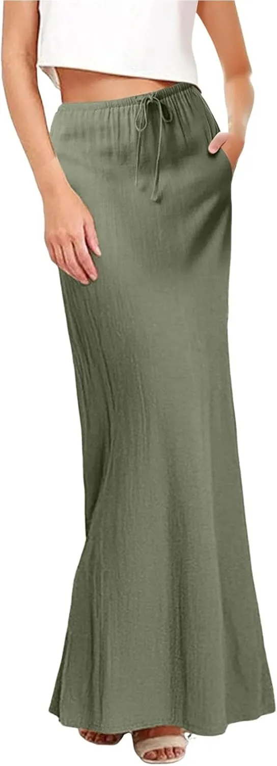 Womens Linen Maxi Skirts Drawstring Low Waist A Line Casual Skirt Cute Vacation Long Flowy Cotton Outfits with Back Slit