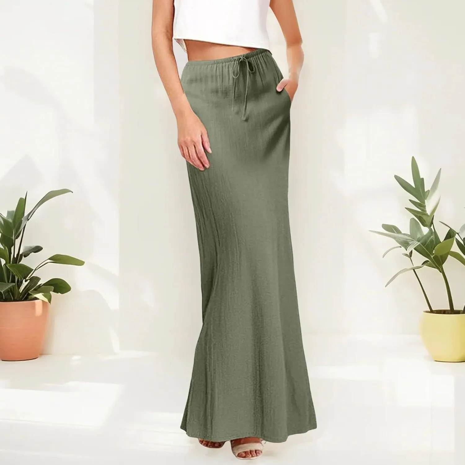 Womens Linen Maxi Skirts Drawstring Low Waist A Line Casual Skirt Cute Vacation Long Flowy Cotton Outfits with Back Slit