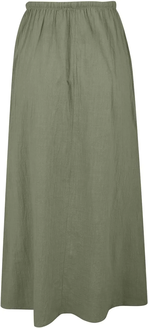 Womens Linen Maxi Skirts Drawstring Low Waist A Line Casual Skirt Cute Vacation Long Flowy Cotton Outfits with Back Slit