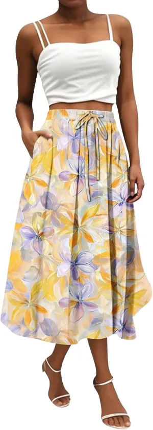 Women's Long Skirts 2025 Bohemian Skirts Flowy High Waist A Line Summer Pleated Skirts, S-2XL