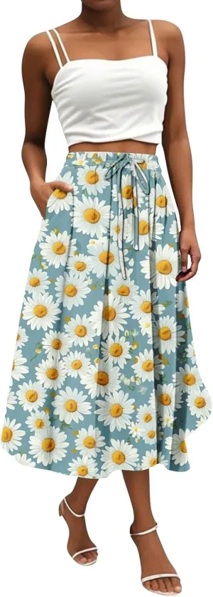 Women's Long Skirts 2025 Bohemian Skirts Flowy High Waist A Line Summer Pleated Skirts, S-2XL