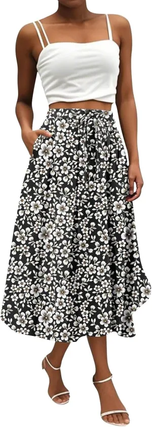 Women's Long Skirts 2025 Bohemian Skirts Flowy High Waist A Line Summer Pleated Skirts, S-2XL