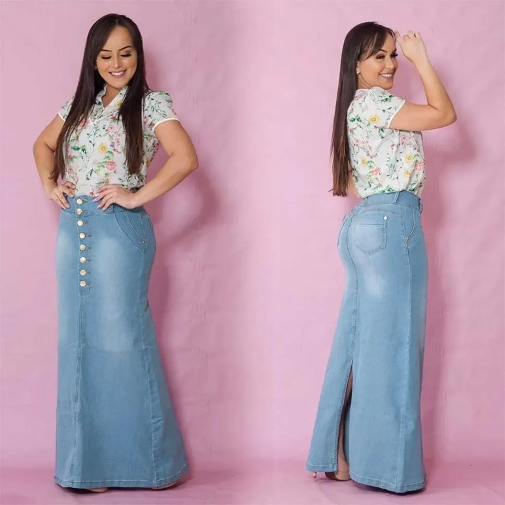 Women's Maxi Denim Skirts Button Front Skirts Washed Jean Casual Skirt Long A-Line Flared Skirts Bodycon Pencil Skirts