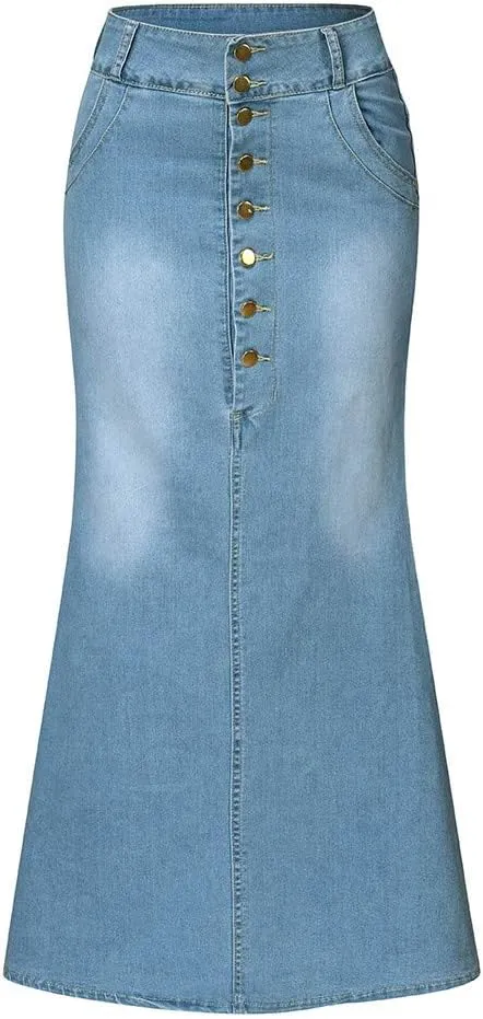 Women's Maxi Denim Skirts Button Front Skirts Washed Jean Casual Skirt Long A-Line Flared Skirts Bodycon Pencil Skirts