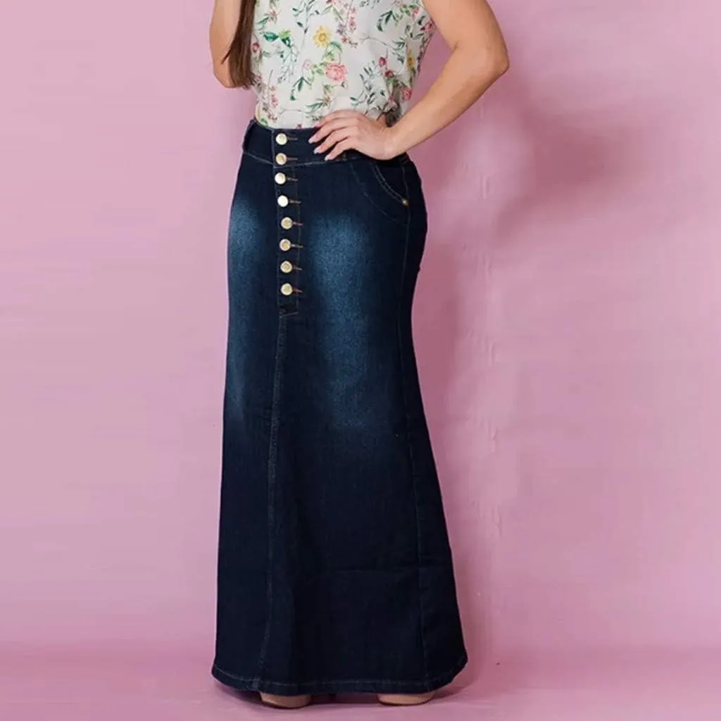 Women's Maxi Denim Skirts Button Front Skirts Washed Jean Casual Skirt Long A-Line Flared Skirts Bodycon Pencil Skirts