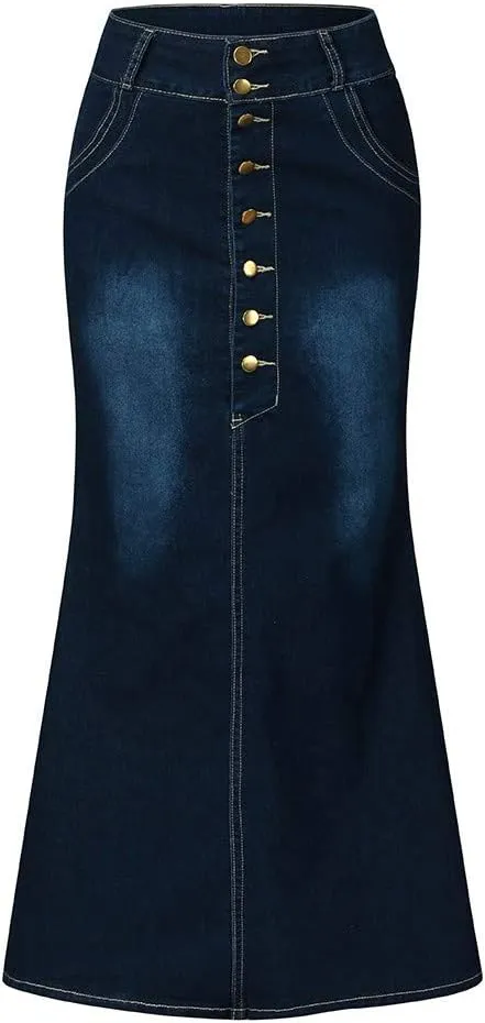 Women's Maxi Denim Skirts Button Front Skirts Washed Jean Casual Skirt Long A-Line Flared Skirts Bodycon Pencil Skirts