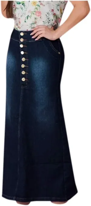 Women's Maxi Denim Skirts Button Front Skirts Washed Jean Casual Skirt Long A-Line Flared Skirts Bodycon Pencil Skirts