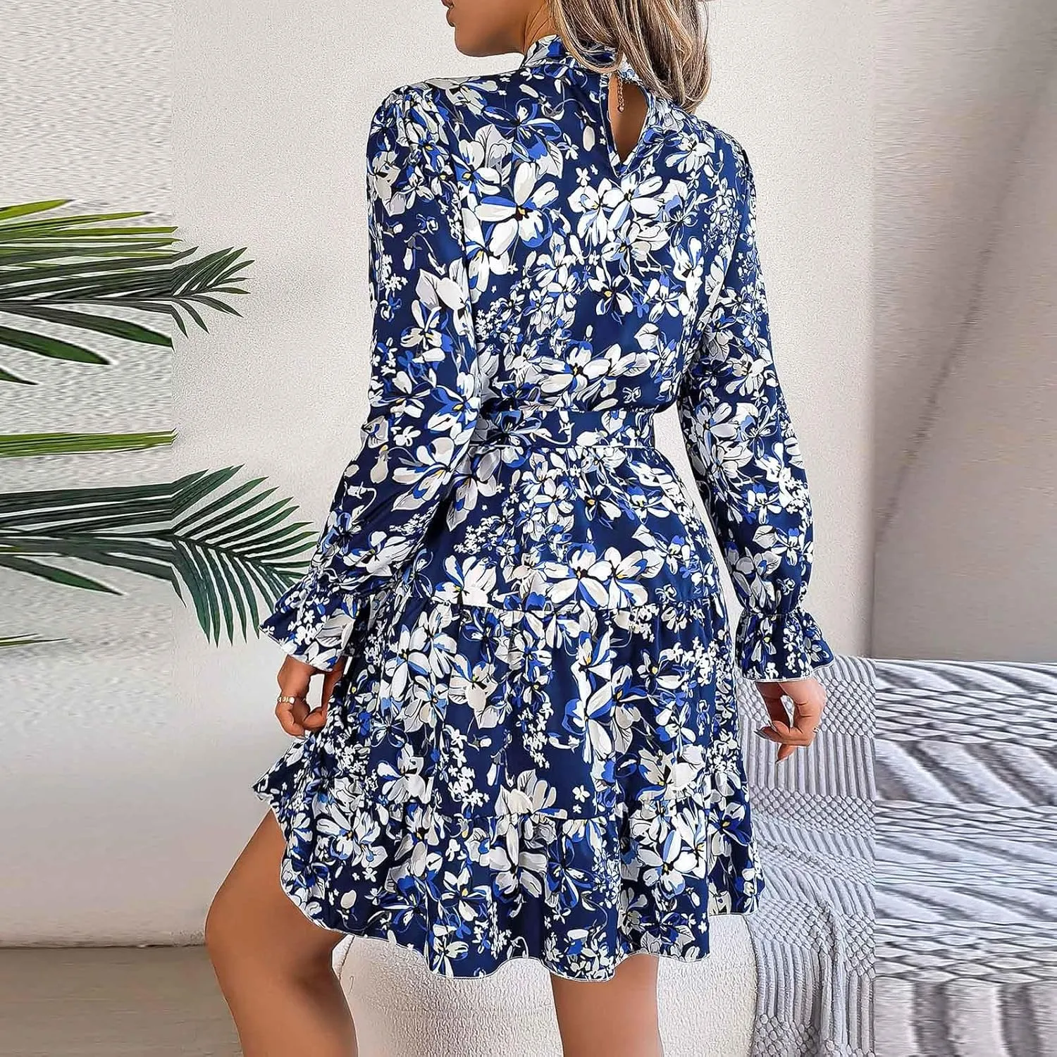 Women's Mini Dress Mock Neck Long Puff Sleeve Button Down Tie Waist Floral Print Pleated A Line Flowy Dresses Floral Dresses
