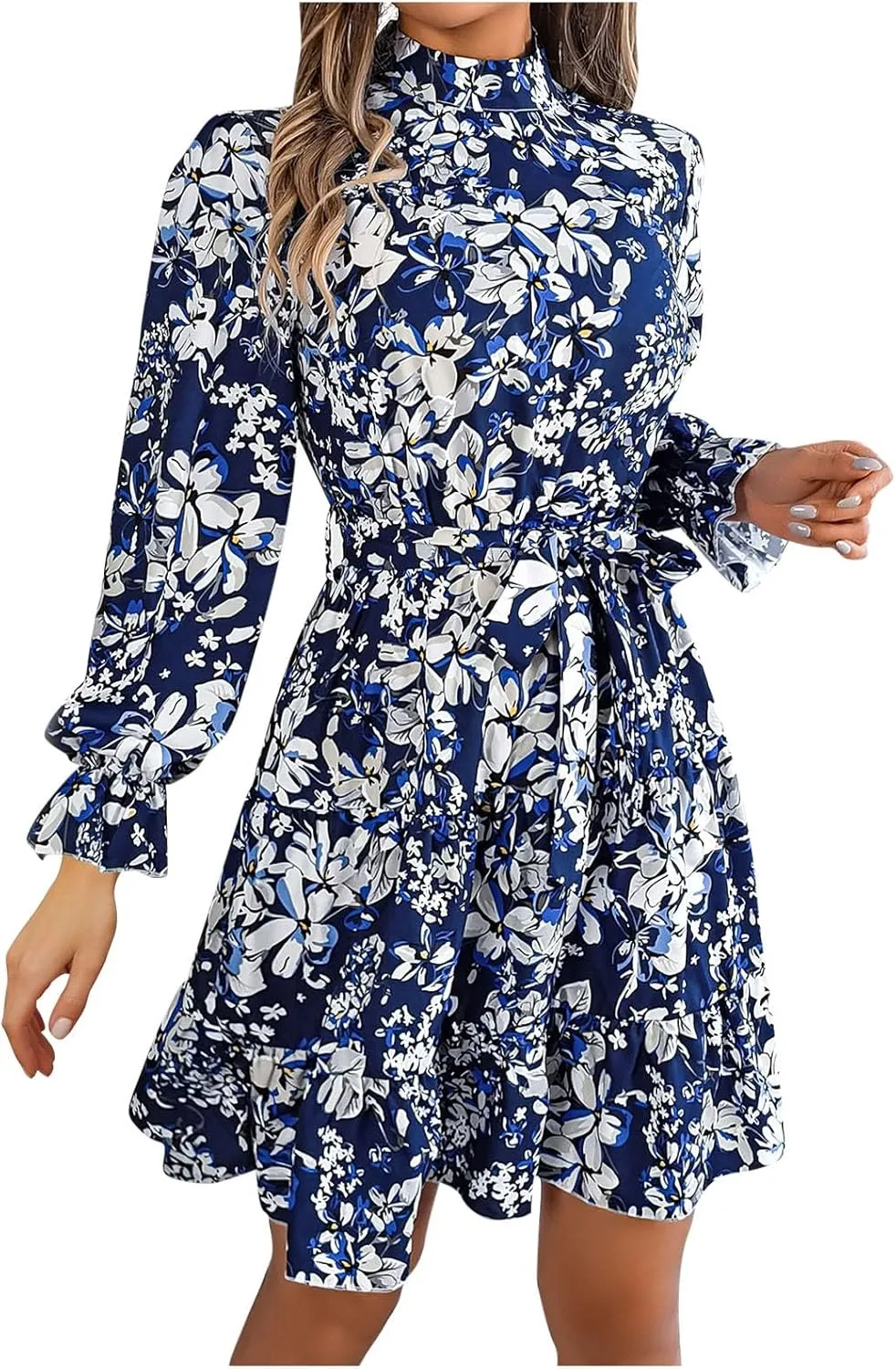 Women's Mini Dress Mock Neck Long Puff Sleeve Button Down Tie Waist Floral Print Pleated A Line Flowy Dresses Floral Dresses