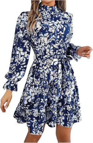 Women's Mini Dress Mock Neck Long Puff Sleeve Button Down Tie Waist Floral Print Pleated A Line Flowy Dresses Floral Dresses