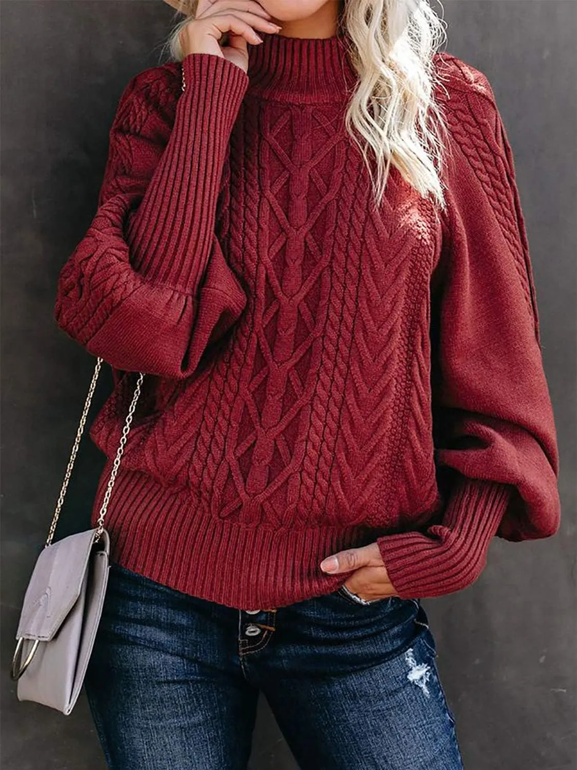 Women's Mock Turtleneck Lantern Sleeve Cable Knit Pullover Sweater Tops