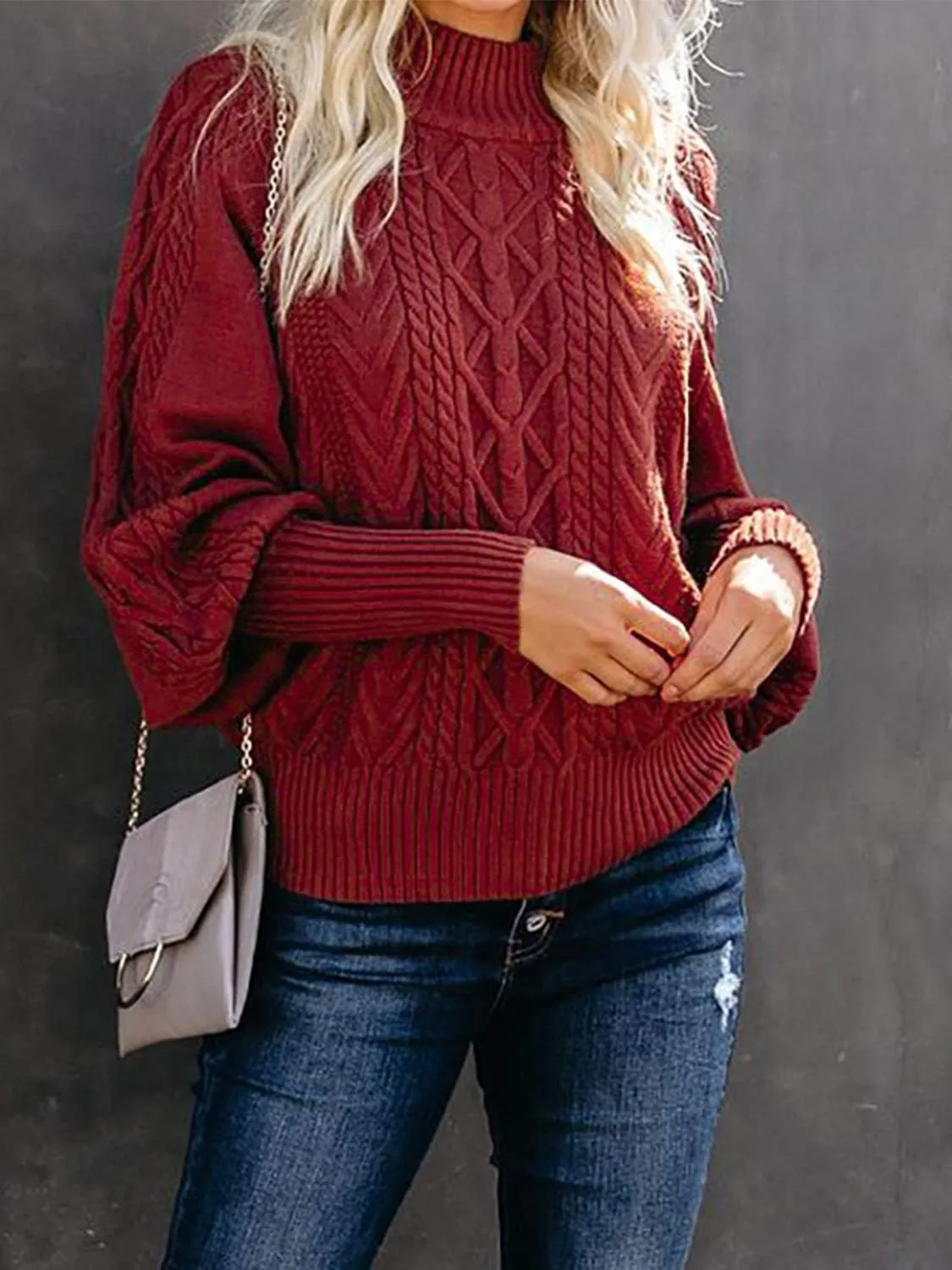 Women's Mock Turtleneck Lantern Sleeve Cable Knit Pullover Sweater Tops
