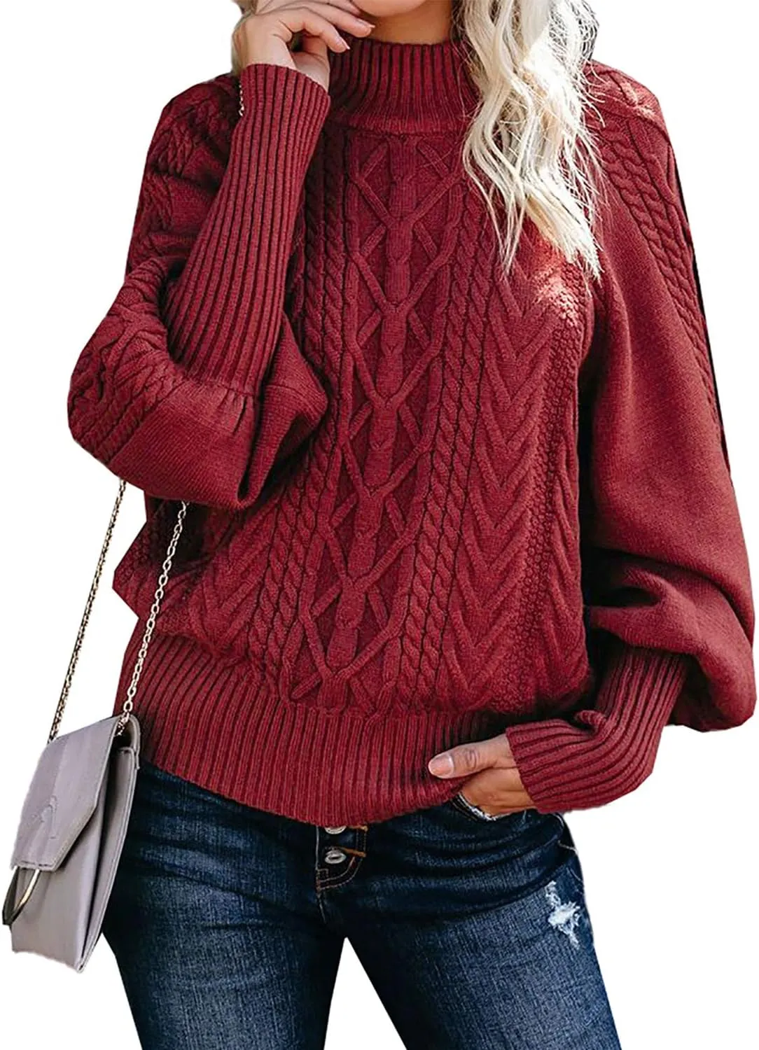 Women's Mock Turtleneck Lantern Sleeve Cable Knit Pullover Sweater Tops