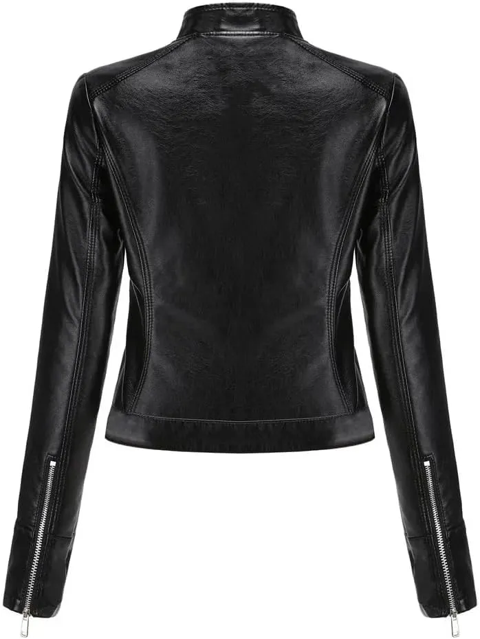 Women's Moto Biker Zipper Jacket Autumn Faux Leather Jacket Women Spring Motorcycle Coat Red Black Brown Purple