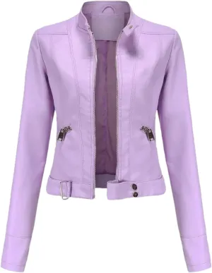 Women's Moto Biker Zipper Jacket Autumn Faux Leather Jacket Women Spring Motorcycle Coat Red Black Brown Purple