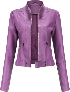 Women's Moto Biker Zipper Jacket Autumn Faux Leather Jacket Women Spring Motorcycle Coat Red Black Brown Purple