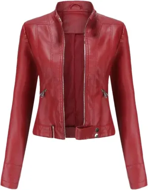 Women's Moto Biker Zipper Jacket Autumn Faux Leather Jacket Women Spring Motorcycle Coat Red Black Brown Purple