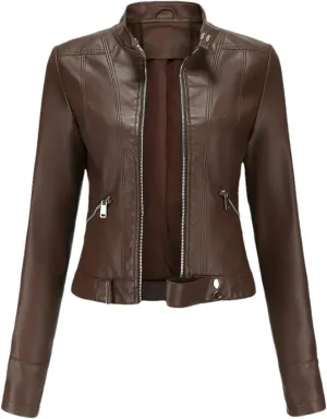 Women's Moto Biker Zipper Jacket Autumn Faux Leather Jacket Women Spring Motorcycle Coat Red Black Brown Purple