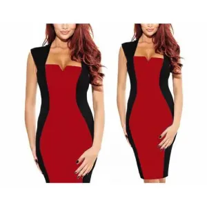 Women's New Color Block Fitted Pencil Shift Business Work Dress Red