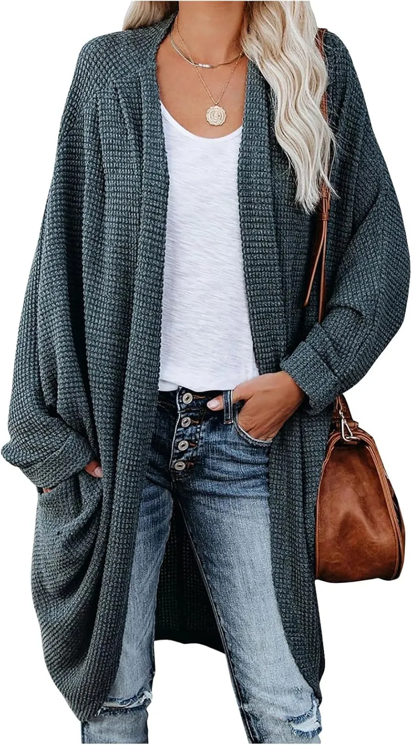 Womens Open Front Knit Cardigan Long Batwing Sleeve Oversized Sweater Chunky Waffle Casual Coat with Pockets