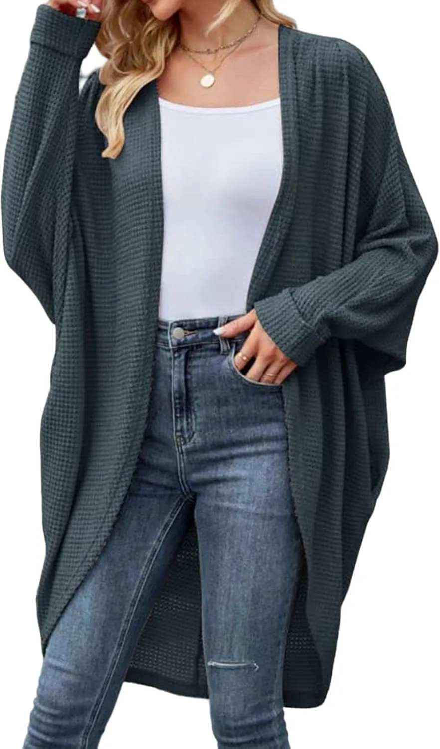 Womens Open Front Knit Cardigan Long Batwing Sleeve Oversized Sweater Chunky Waffle Casual Coat with Pockets