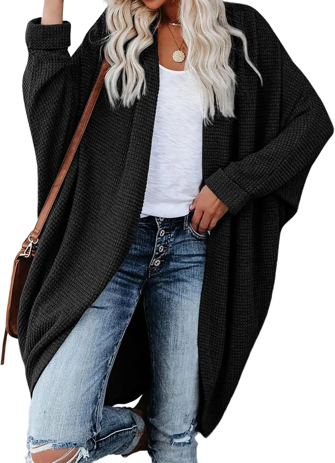 Womens Open Front Knit Cardigan Long Batwing Sleeve Oversized Sweater Chunky Waffle Casual Coat with Pockets