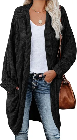 Womens Open Front Knit Cardigan Long Batwing Sleeve Oversized Sweater Chunky Waffle Casual Coat with Pockets