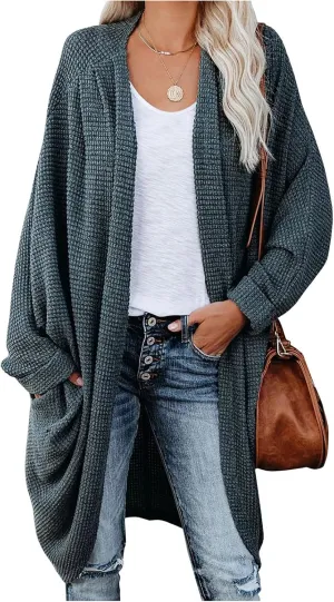 Womens Open Front Knit Cardigan Long Batwing Sleeve Oversized Sweater Chunky Waffle Casual Coat with Pockets