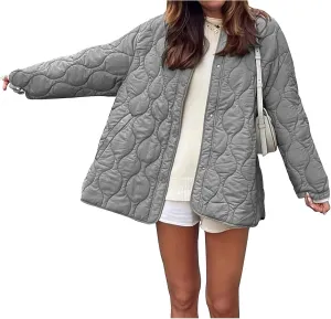 Womens Oversized Lightweight Down Coat Casual Long Sleeve Botton Down Puffer Jacket Outerwear with Pockets