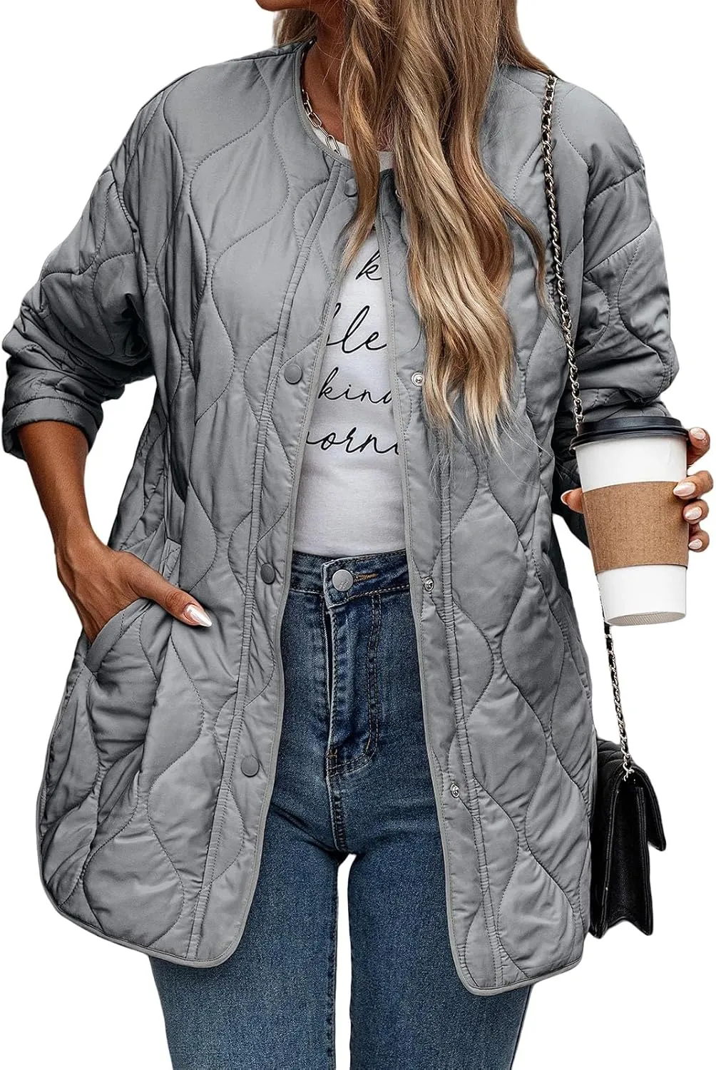Womens Oversized Lightweight Down Coat Casual Long Sleeve Botton Down Puffer Jacket Outerwear with Pockets