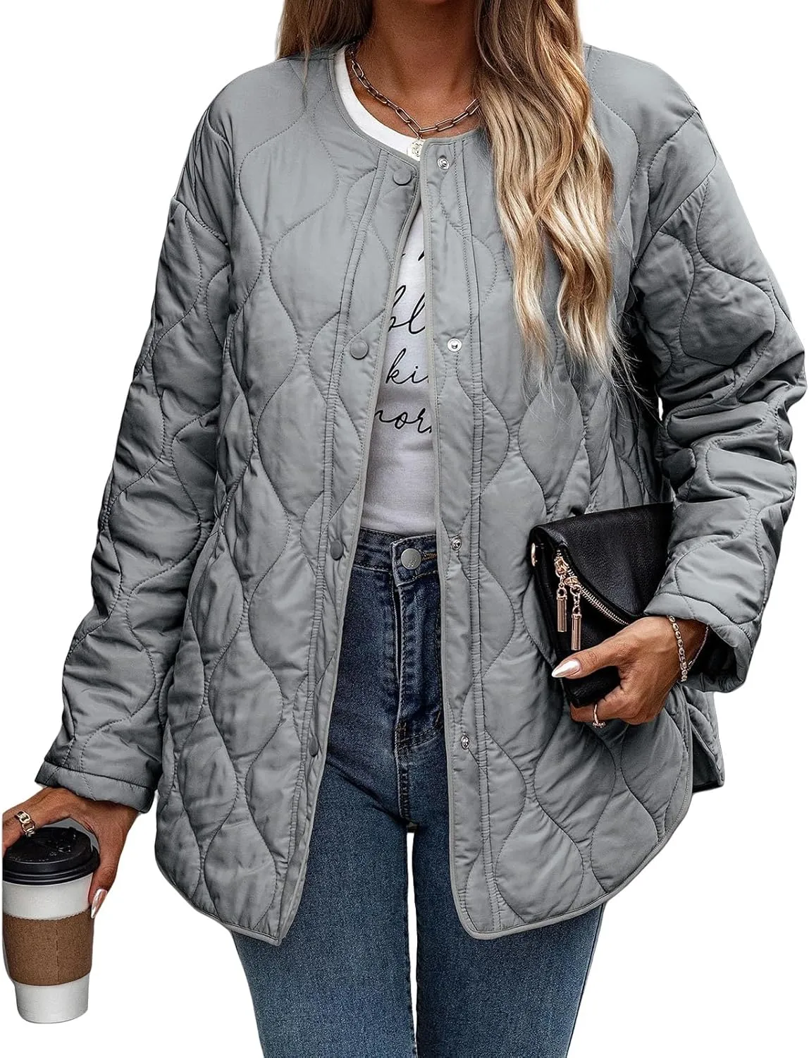 Womens Oversized Lightweight Down Coat Casual Long Sleeve Botton Down Puffer Jacket Outerwear with Pockets