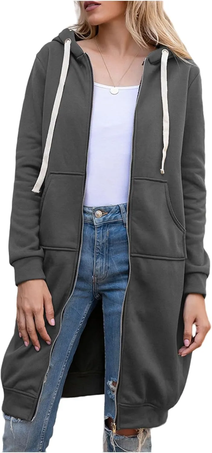 Women's Oversized Long Full Zip Up Drawstring Hoodies Sweatshirt Long Sleeve Jacket with Pockets