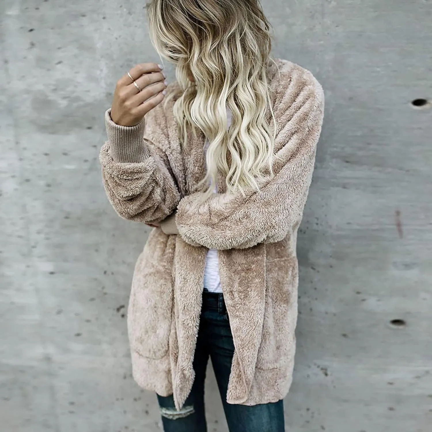 Women's Oversized Open Front Cardigan Coat Hooded Draped Pockets Jackets Plus Size Plush Coats Winter Sweater Outwear