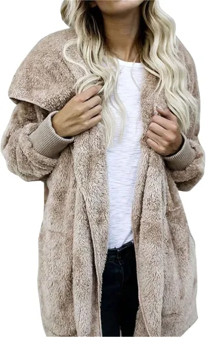 Women's Oversized Open Front Cardigan Coat Hooded Draped Pockets Jackets Plus Size Plush Coats Winter Sweater Outwear