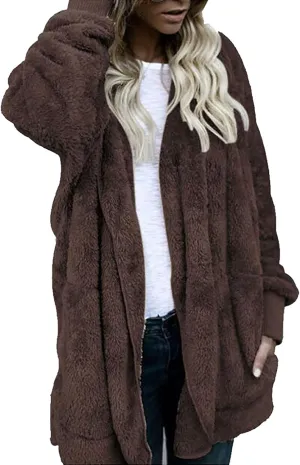 Women's Oversized Open Front Cardigan Coat Hooded Draped Pockets Jackets Plus Size Plush Coats Winter Sweater Outwear