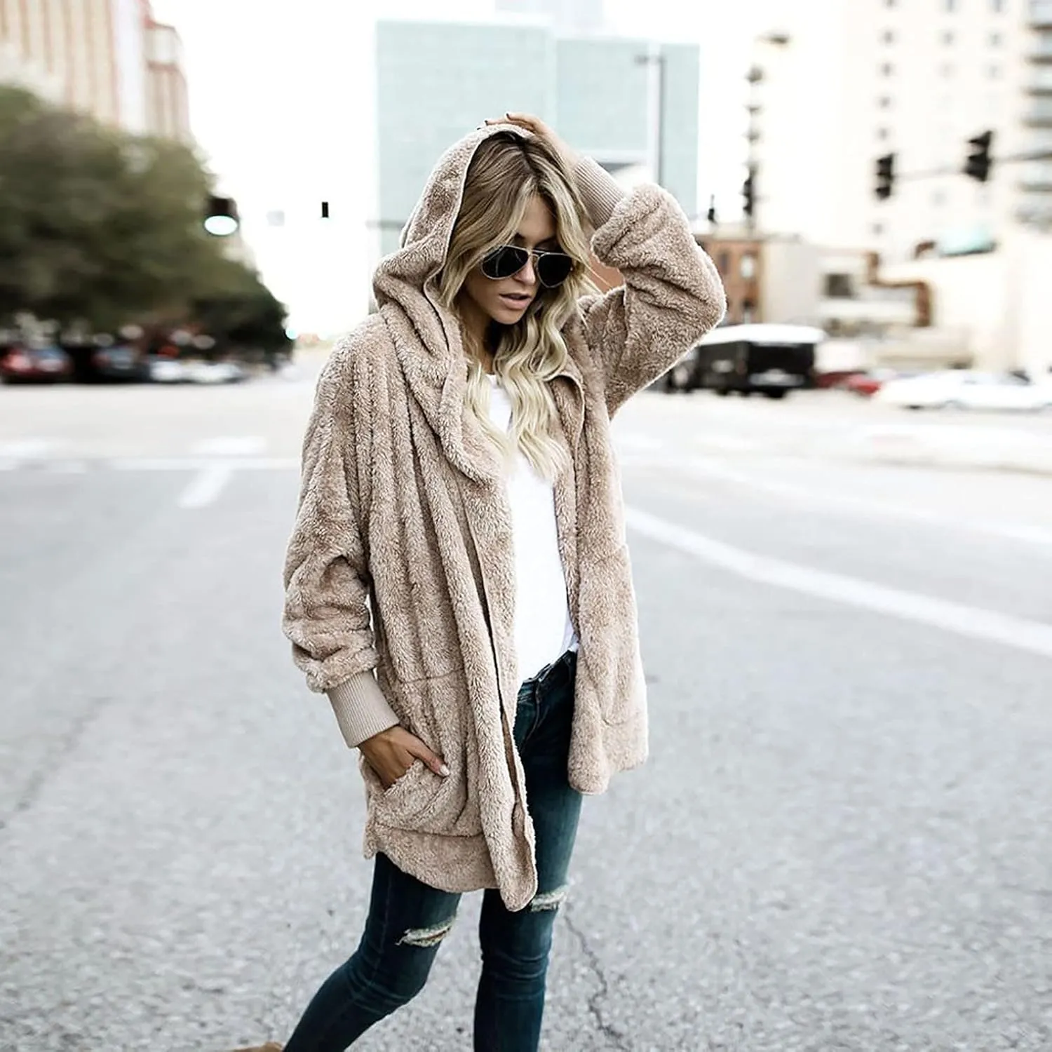 Women's Oversized Open Front Cardigan Coat Hooded Draped Pockets Jackets Plus Size Plush Coats Winter Sweater Outwear