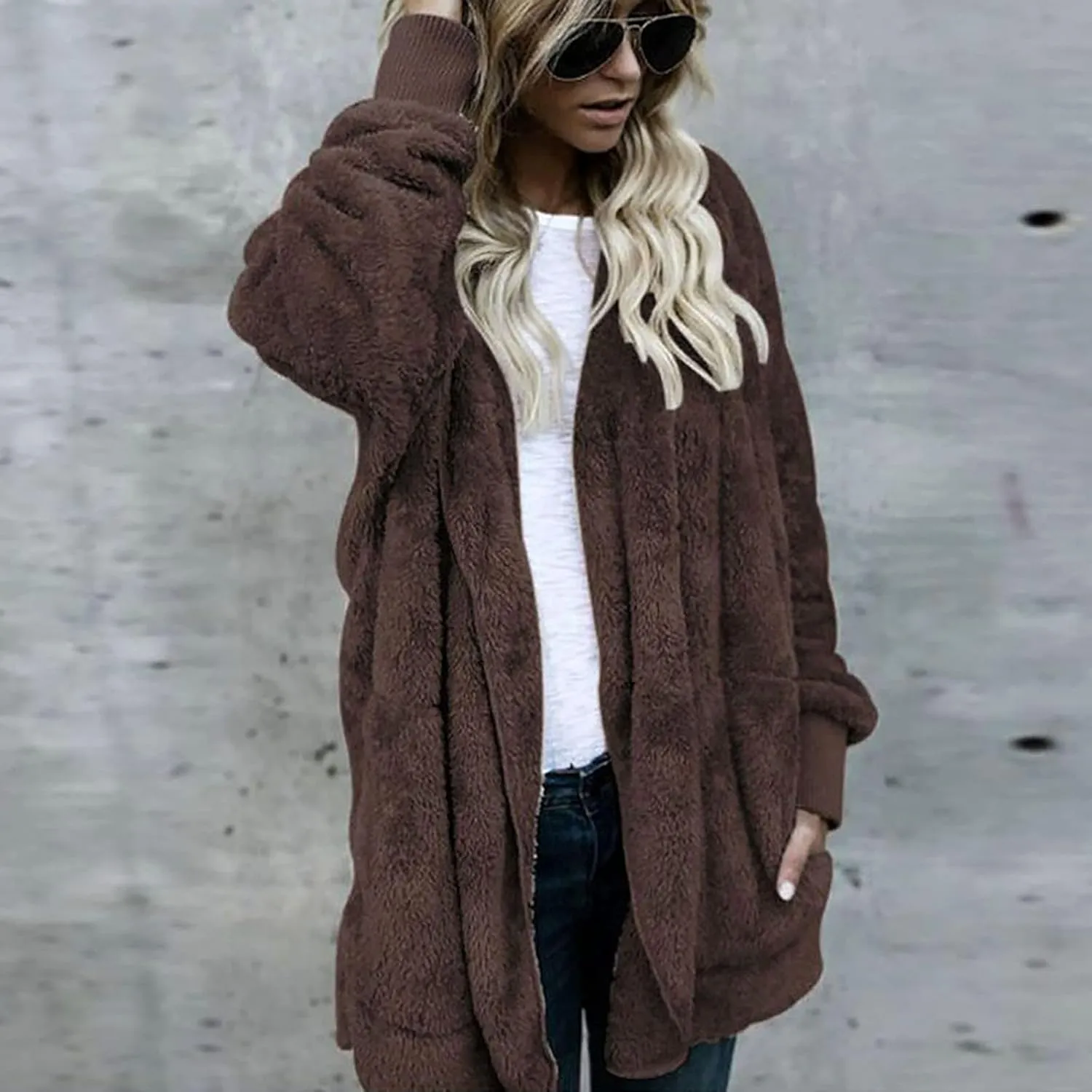 Women's Oversized Open Front Cardigan Coat Hooded Draped Pockets Jackets Plus Size Plush Coats Winter Sweater Outwear